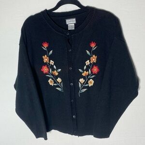 Vintage Carroll Reed Collections Floral Embroidered Black Cardigan Sweater L